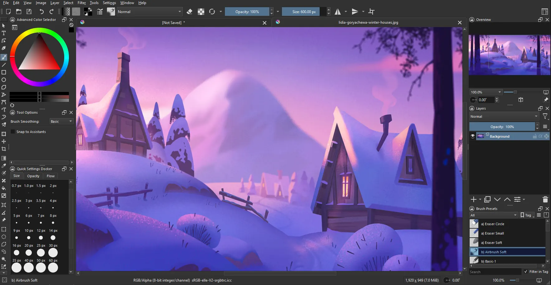 Krita canvas with layer docker and filters