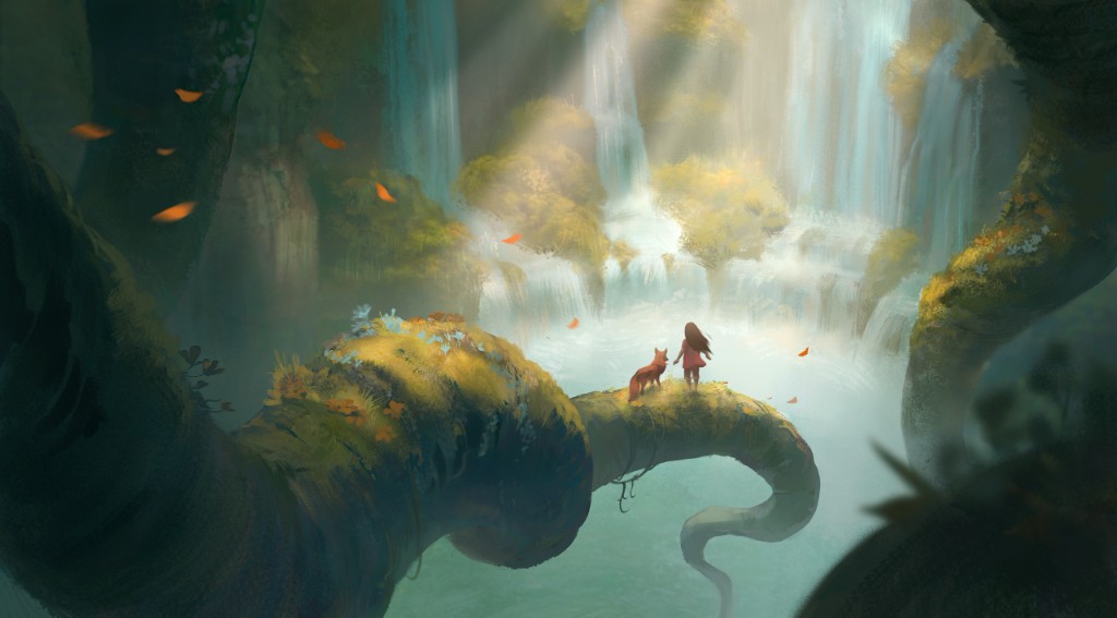 Fantasy forest scene with waterfalls and a girl with a fox, digital painting