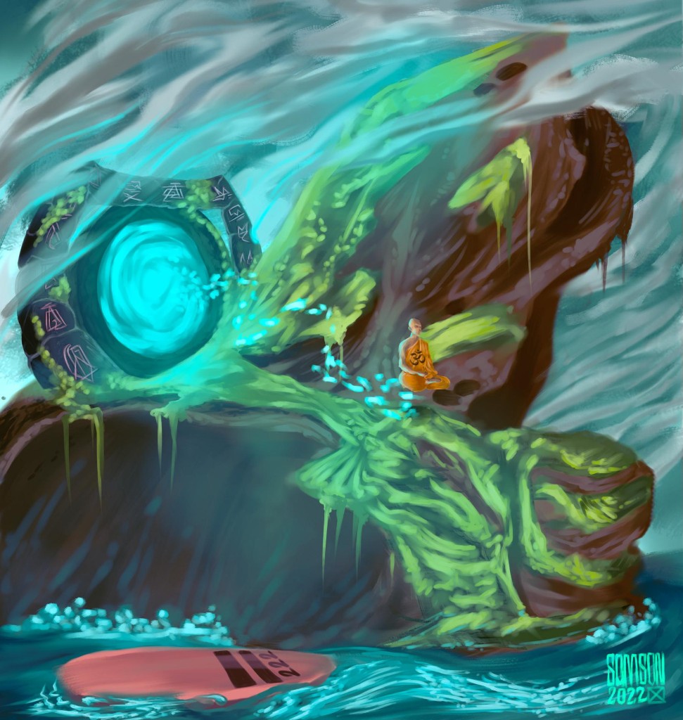 Meditating monk before a glowing portal in misty mountains, digital painting