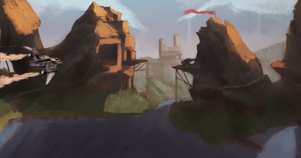 Sci-fi mountain landscape with a flying spacecraft, concept art painting
