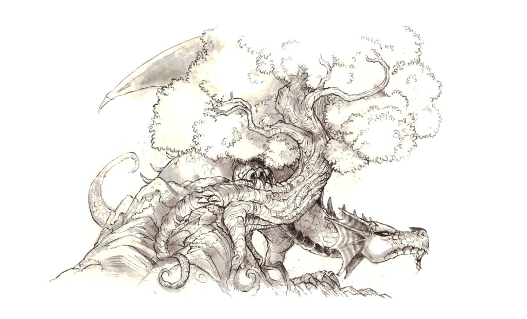 Tree dragon concept sketch by David Revoy, painted in Krita