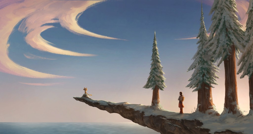Snowy cliffside landscape with a cat and traveler, digital painting