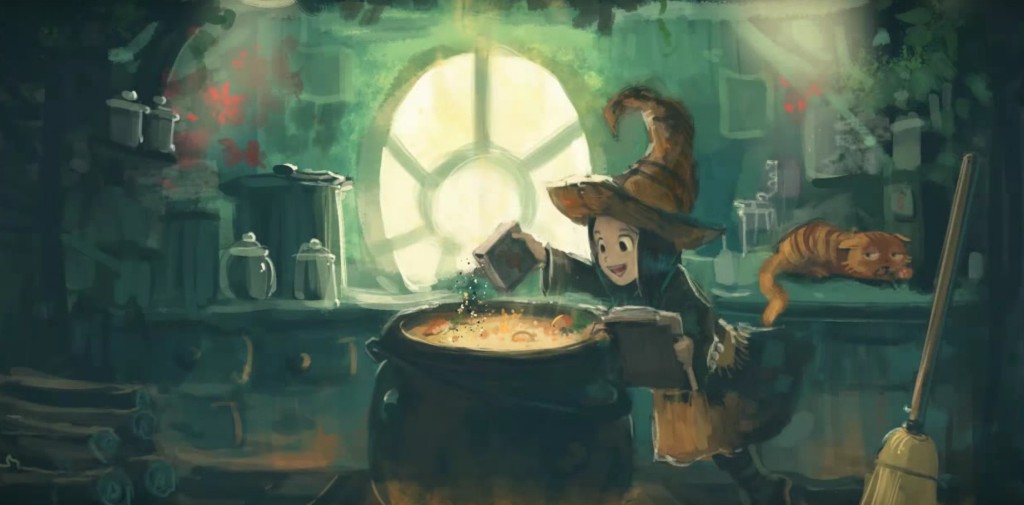 Young witch brewing a potion in a cozy magical kitchen, digital illustration