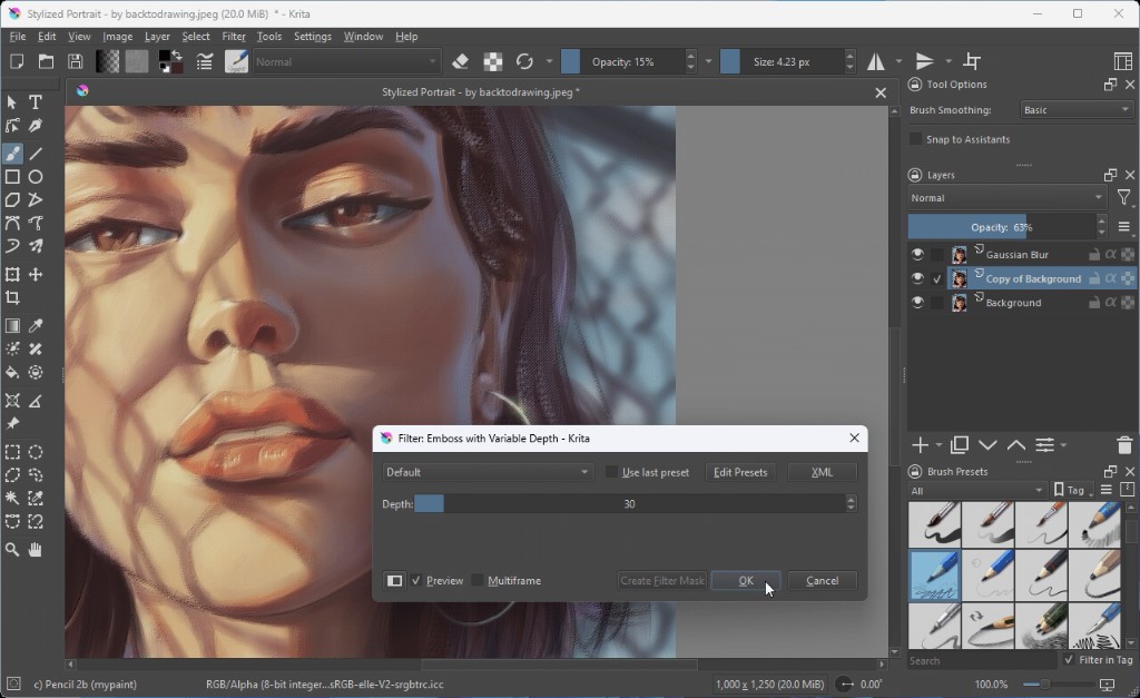 Krita workspace showing a stylized portrait with the Emboss filter dialog open