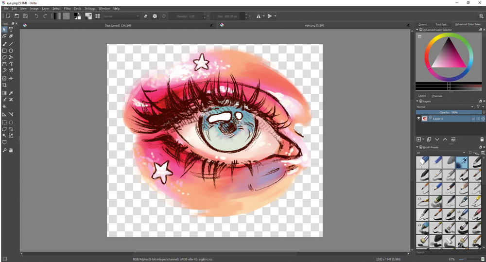 Krita workspace showing a digital eye painting with brush and color tools