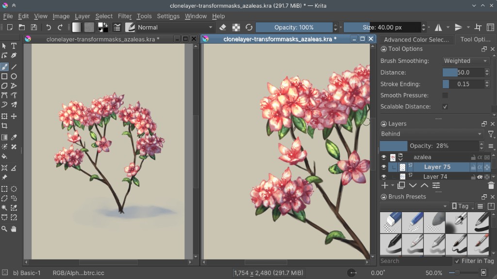 Krita workspace showing layer management with an azalea painting