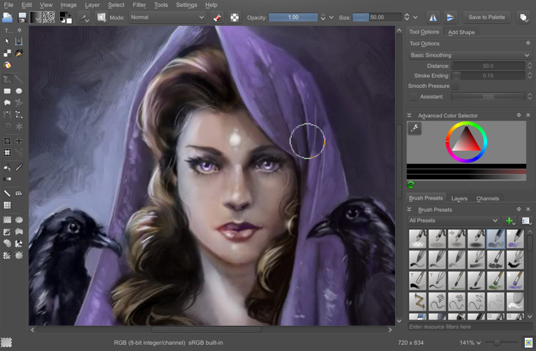 Krita workspace showing brush presets, color tools, and a digital portrait painting